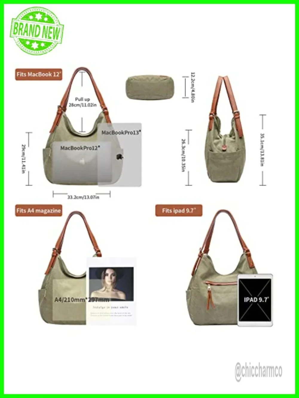 Canvas Hobo Purse Multi Pocket Tote Shopper Shoulder Bag Top Handle Handbag